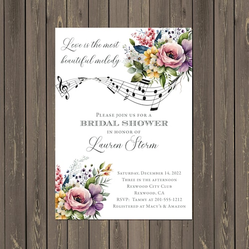 Music Themed Bridal Shower Invitation Music Note Bridal Etsy
