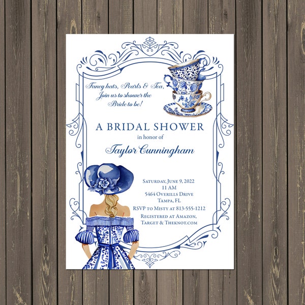 Bridal Shower Tea Invitation, Fancy Hat Tea Party Invitation, Bridal Brunch, Delft Blue Chinoiserie, Blue and White, Printable or Printed