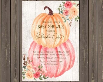 Pink Pumpkin Baby Shower Invitation, Fall Floral (Printable or Printed)