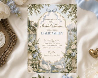 Blue Swan Bridal Shower Invitation, Italian Garden Bridal Shower Invite, Romantic Lake Estate Invitation, Printable or Printed