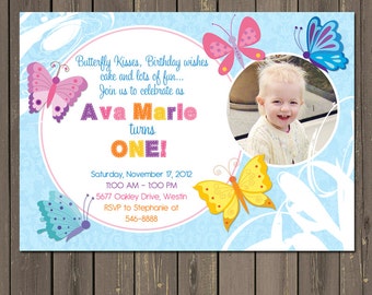 Butterfly Birthday Invitation, Butterfly 1st Birthday Invite, Butterflies Birthday Party, Girl Birthday, Photo Invitation, DIY or printed