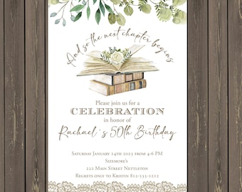Book Themed Birthday Invitation: Library & Greenery (Printable or Printed)