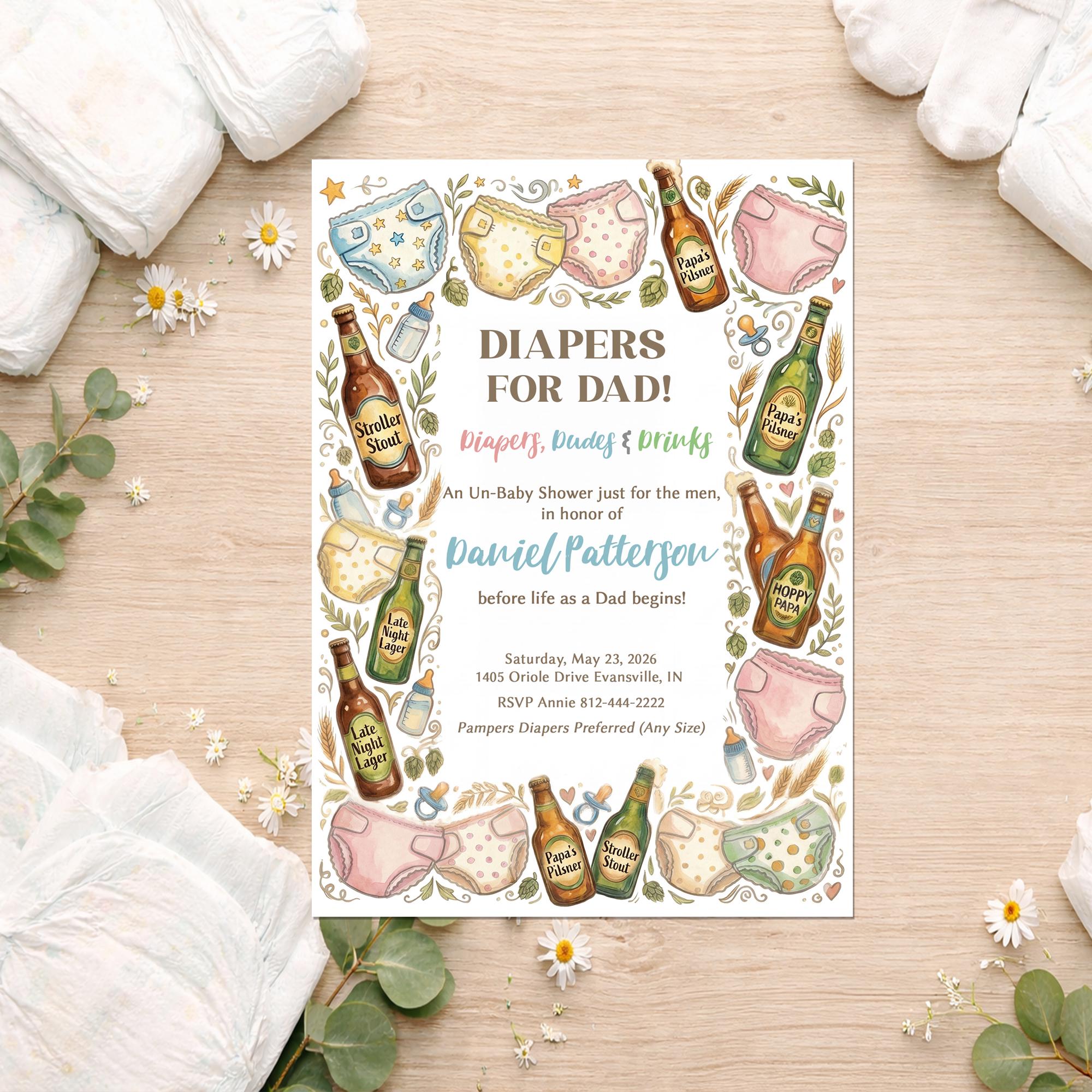 Daddy Diaper Shower Invitation, Diapers for Dad Invite, Beer 