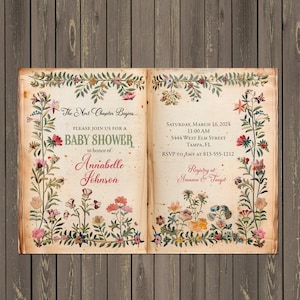 Vintage Book Baby Shower Invitation, Wildflower Baby Shower, Next Chapter Begins, Embroidery, Printable or Printed Invitations