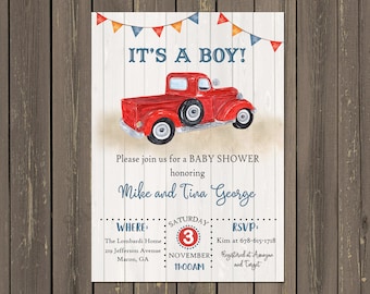 Vintage Red Truck Baby Shower Invitation: Rustic Boy Theme (Printable or Printed)