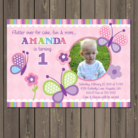 Butterfly Birthday Invitation, Butterfly 1st Birthday Photo Invitation, Pink Lavender and Green Girls Butterfly Party, Printable or Printed Il_570xn