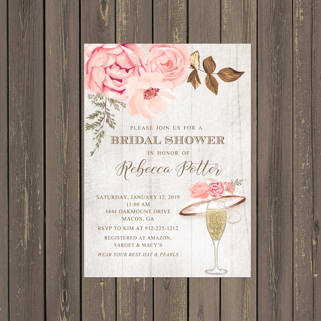 Blush Bridal Shower Brunch Invitation, Fancy Hat Fascinator Bridal