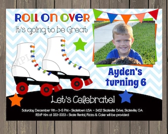 Roller Skating Invitation, Boy or Girl Skating Birthday Party Invitation, Chevron Skate Photo Invite, Printable or Printed