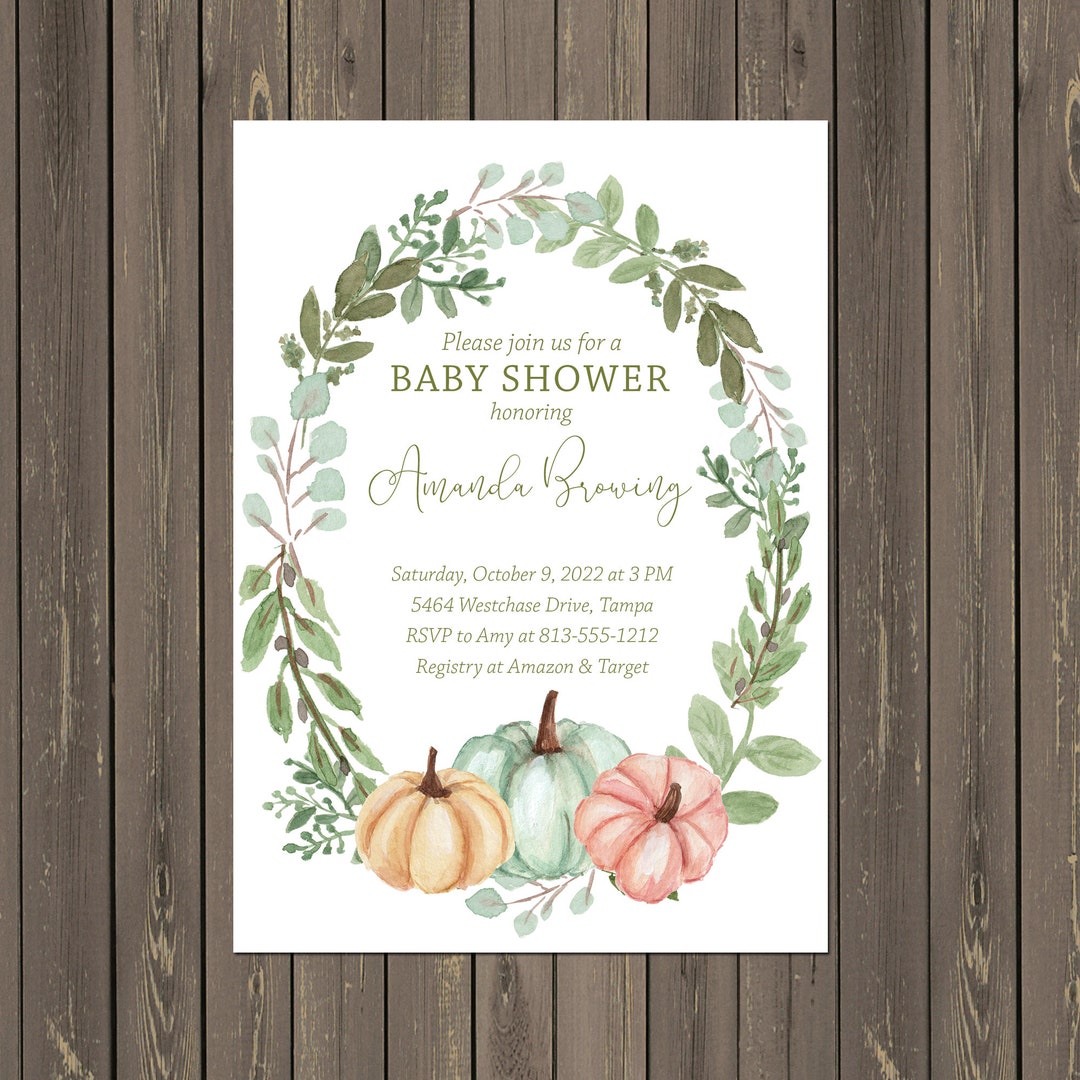 Fall Pumpkin Baby Shower Invitation, Pumpkin and Greenery Baby Shower ...