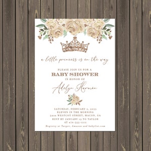 Princess Baby Shower Invitation, Champagne Roses and Gold Little Princess Baby Shower Invitation, Tiara Invitation, Printable or Printed