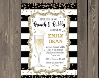 Bridal Brunch Invitation, Brunch and Bubbly Invitation, Champagne Brunch Invite, Black and White with Gold Glitter Invite, DIY or Printed