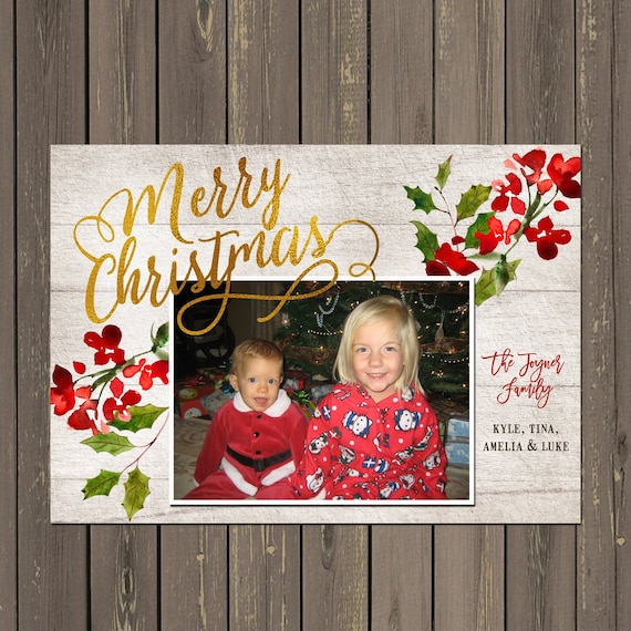 Rustic Christmas Photo Card, Rustic Holiday Card with Watercolor Berries, Gold Foil Look Photo Christmas Card, Printable or Printed Il_570xn