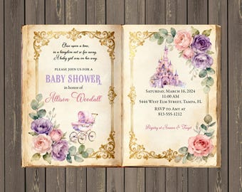 Invitación para baby shower de cuento de hadas con diseño de castillo de princesa, color rosa lavanda, editable y descarga instantánea.