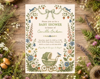 Stroller Baby Shower Invitation, Vintage Pram Baby Shower Invite, Meadow Baby Shower Invitation, Folk Art Baby Shower, Printable or Printed