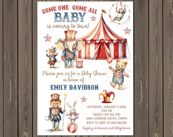 Circus Baby Shower Invitation: Red & Blue Big Top, Animal Performers (Printable or Printed)