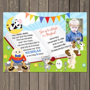 Nursery Rhyme Birthday Invitation, Boys Story Book birthday party invitation, book party invite, Photo Invitation, printable or printed