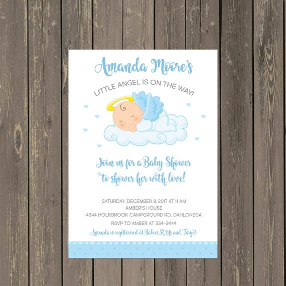 Angel Baby Shower Invitation, Little Angel Shower Invitation, Heaven Baby Shower Invitation, Clouds, Halo, Printable or Printed Il_570xn
