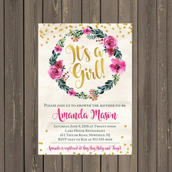 Pink Floral Baby Shower Invitation, Pink and Green Watercolor Wreath Baby Shower Invitations, Gold Glitter Look, Printable or Printed Il_570xn