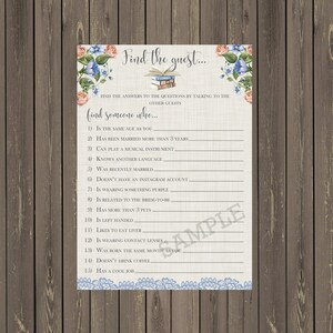 May include: A printable bridal shower game with a floral design and the text "Find the guest... Find someone who..." with a list of 15 questions to ask guests.