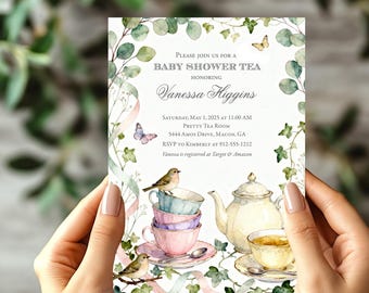 Invitación de té para baby shower, baby shower con té, cuento de hadas, tazas y tetera, bebé en ciernes, editable, descarga instantánea