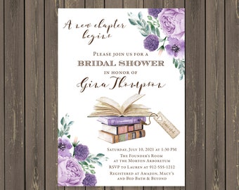 Book Bridal Shower Invitation, Library Bridal Shower Invitation, Book Lover Shower Invitation, Lavender Watercolor Floral, DIY or Printed