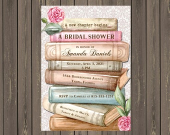 Watercolor Book Stack Bridal Shower Invitation (Printable or Printed)