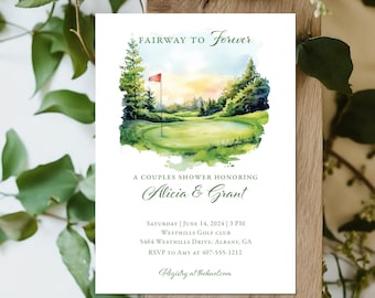 Watercolor Golf Couples Shower Invitation: Elegant Golf Course Design (Printable or Printed)