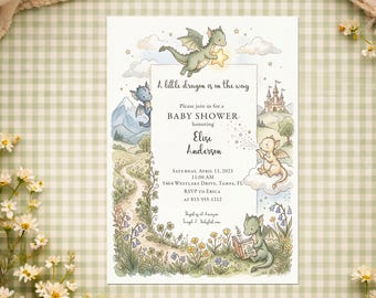 Dragon Baby Shower Invitation, Storybook Fantasy Baby Shower Invite, Enchanted Fairytale Dragon Baby Shower, Custom Printed or Printable