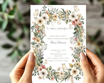 Lifetime of Butterflies Bridal Shower Invitation, Wildflower Butterfly Bridal Shower Invite, Garden Floral Shower, Printable or Printed