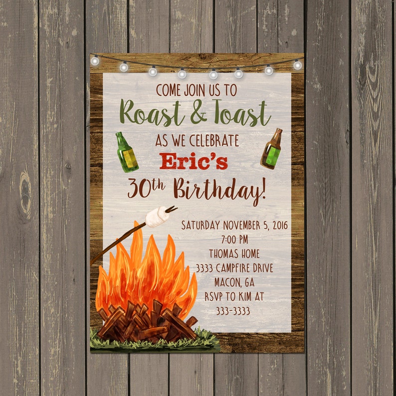 Backyard Bonfire Invitation, Adult Birthday Invitation, Roast and Toast Adult Bonfire Invitation, Firepit Party, Printable or Printed image 1