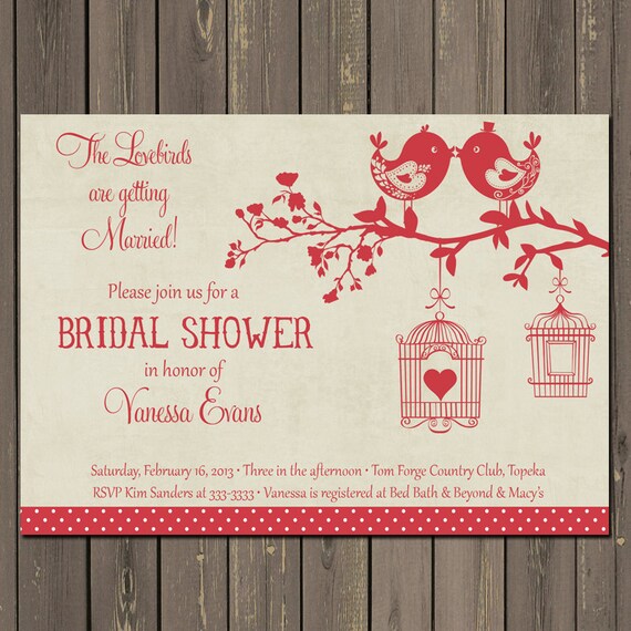 Bird Bridal Shower Invitation, Love Bird Bridal Shower Invite, Red and Tan Shower, Bird Cage, Vintage look Shower invitation Il_570xn