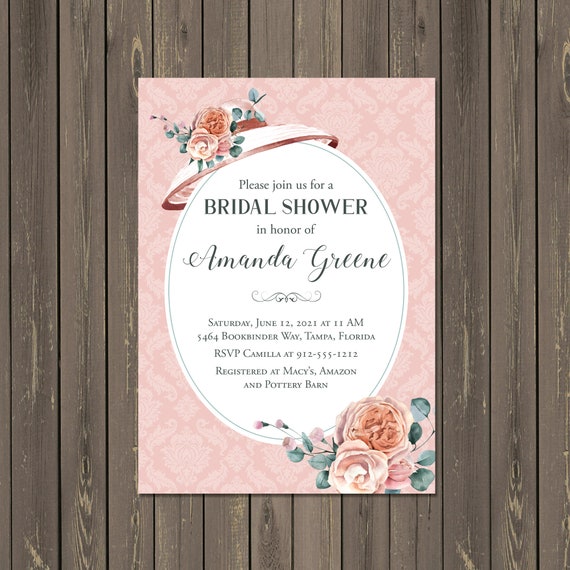 Fancy Hat Fascinator Bridal Shower Invitation, Roses and Eucalyptus