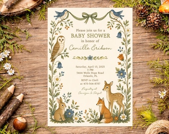 Woodland Baby Shower Invitation, Forest Animals Baby Shower Invite, Folk Art Woodland Shower, Printable or Printed
