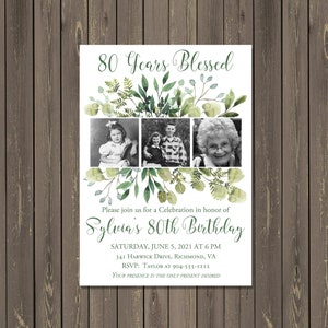 Adult Feminine Birthday Invitation, Greenery Photo Collage Adult Birthday Invitation, Any Age, Printable or Printed