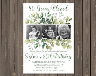 Adult Feminine Birthday Invitation, Greenery Photo Collage Adult Birthday Invitation, Any Age, Printable or Printed