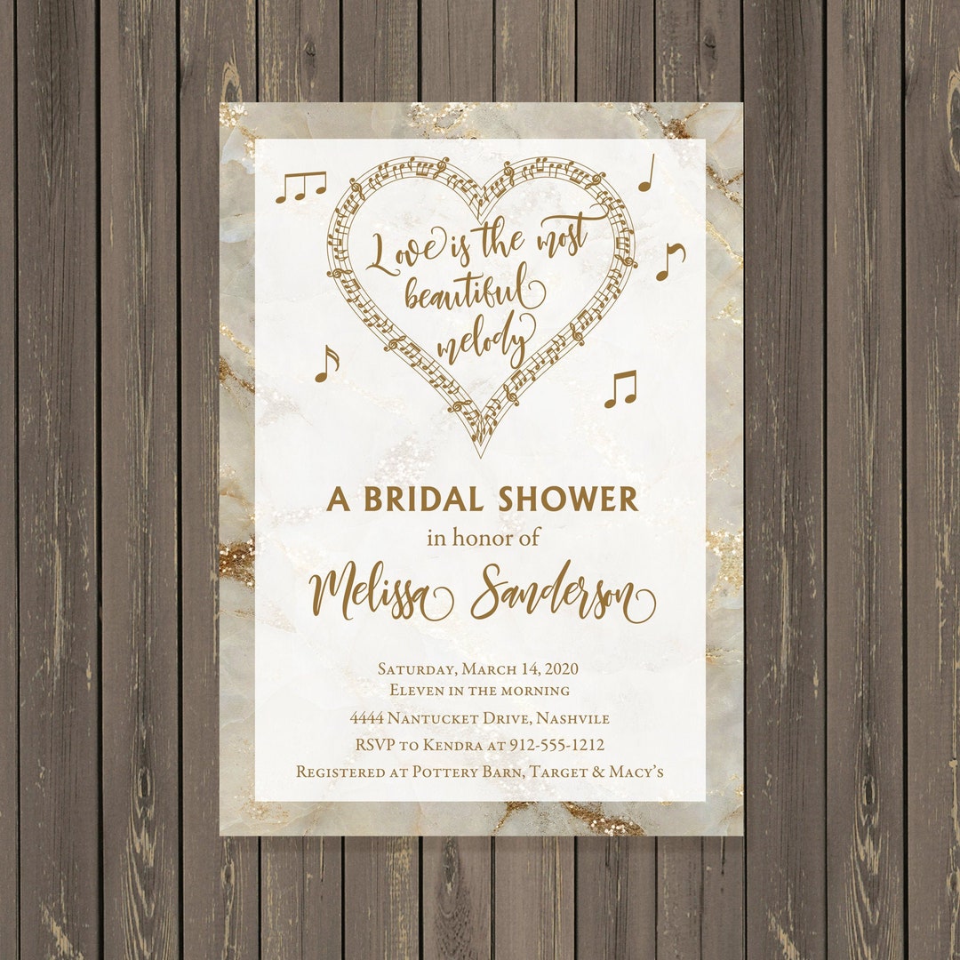 Music Themed Bridal Shower Invitation, Music Note Bridal Shower Invitation, Marble Music Lover