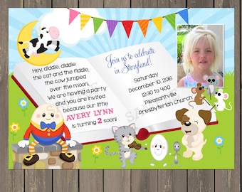 Nursery Rhyme Birthday Invitation, Girls Story Book birthday party invitation, book party invite, Photo Invitation, printable or printed