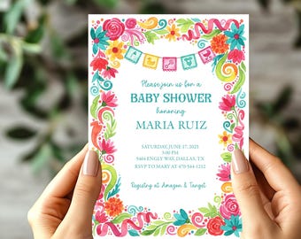 Papel Picado Baby Shower Invitation • Floral Mexican Theme (Editable, Instant Download)