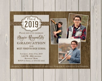 Photo Graduation Invitation, Masculine Rustic Wood Photo Graduation Announcement, High School or College Graduation,  Printable or Printed