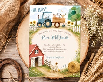 Farm Tractor Baby Shower Invitation: Rustic Barnyard Animals (Printable or Printed Option Available)