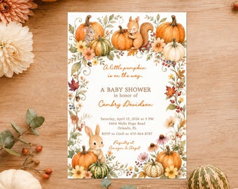Little Pumpkin Baby Shower Invitation Fall Woodland Animals Autumn Watercolor Floral Invite, Printable or Printed