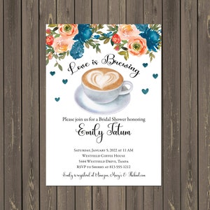 Love is Brewing Coffee Bridal Shower Invitations, Coffee Bridal Brunch, Blue and Orange Watercolor Floral, Printable or Printed