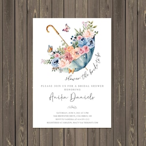 Faire-part de douche nuptiale parapluie, parapluie avec fleurs carte-cadeau de douche, carte-cadeau aquarelle de douche, imprimable ou imprimé