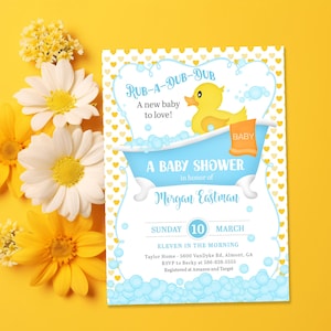 Rubber Duck Baby Shower Invitation Bathtub Yellow Blue Theme Rubber Ducky Party Invite Custom Printed or Printable Invitations