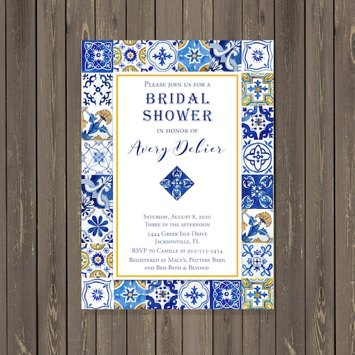 Printable Greek Bridal Shower Invitation Blue Tile Bridal Etsy