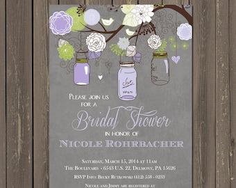 Mason Jar Bridal Shower Invitations, Lavender Mason Jar Invitations, Rustic, Vintage, Wedding Shower Invitations, Purple, Grey