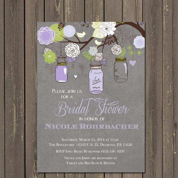Mason Jar Bridal Shower Invitations, Lavender Mason Jar Invitations, Rustic, Vintage, Wedding Shower Invitations, Purple, Grey Il_570xn