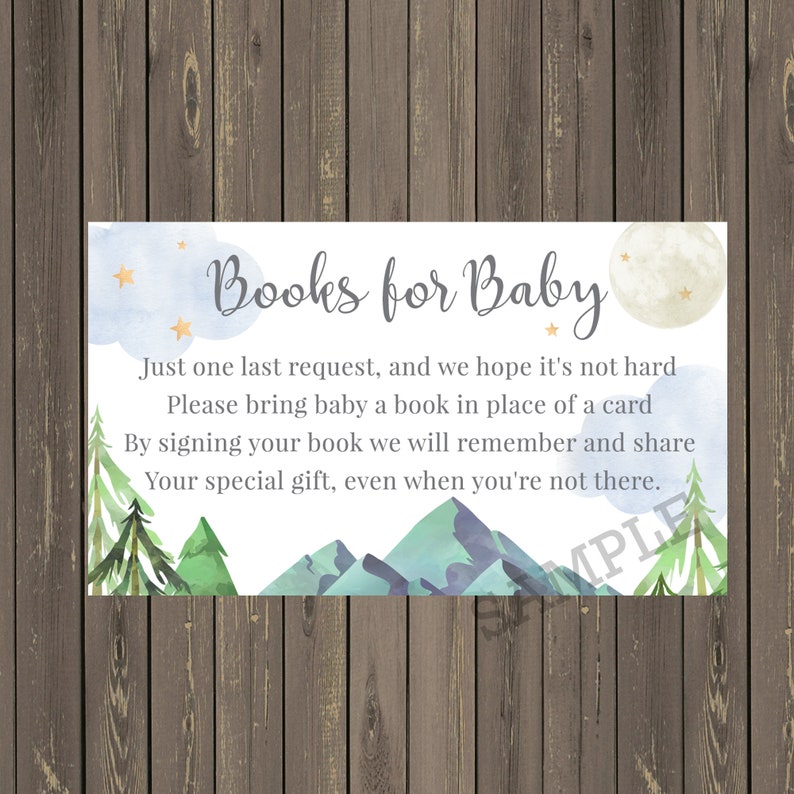 Mountain Book Request Card, Moon and Star Books for Baby Card, Book instead of Card Insert, Instant Download image 1