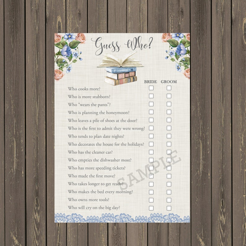 May include: A printable bridal shower game with a floral design and a stack of books. The game asks "Guess Who?" and has a list of questions about the bride and groom, such as who cooks more, who is more stubborn, and who wears the pants. The game includes checkboxes for the bride and groom to answer each question.