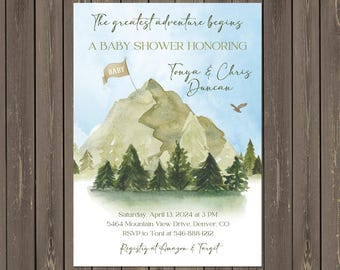 Invitación para baby shower de aventura en la montaña: género neutro, temática natural (imprimible o impresa)